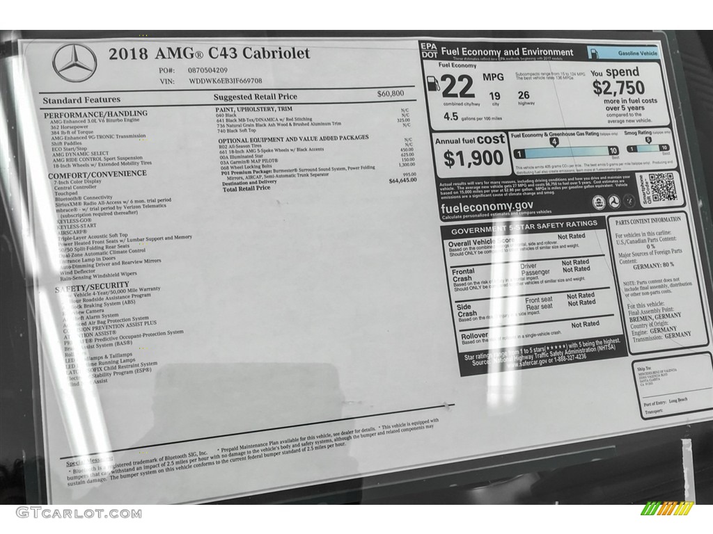 2018 Mercedes-Benz C 43 AMG 4Matic Cabriolet Window Sticker Photo #126138107