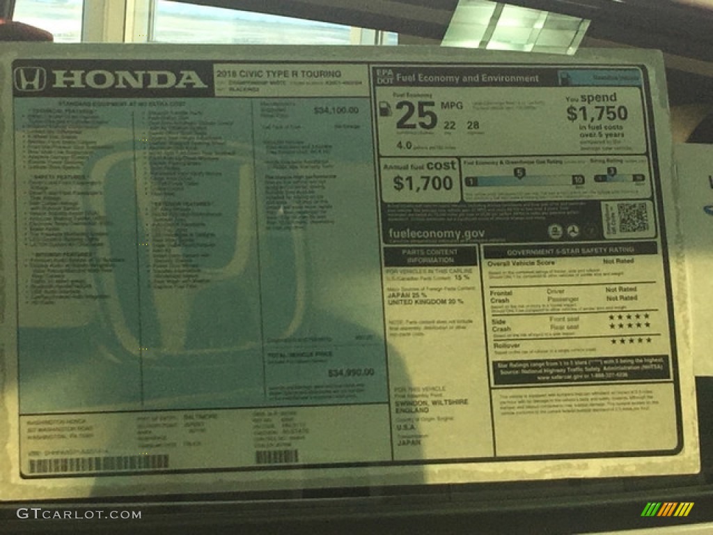 2018 Honda Civic Type R Window Sticker Photo #126194195