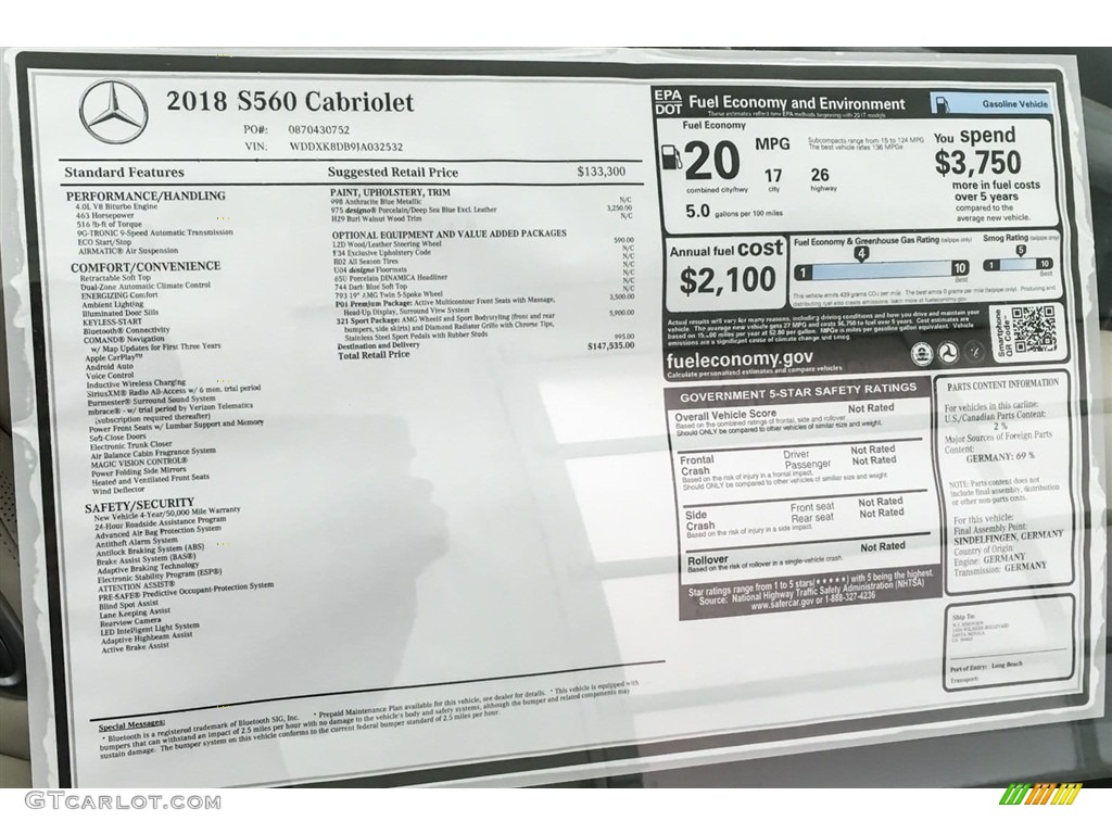 2018 Mercedes-Benz S 560 Cabriolet Window Sticker Photo #126196544