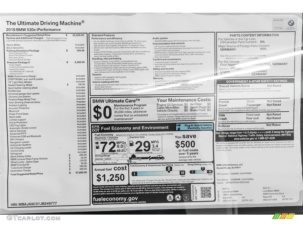2018 5 Series 530e iPerfomance Sedan - Alpine White / Black photo #10