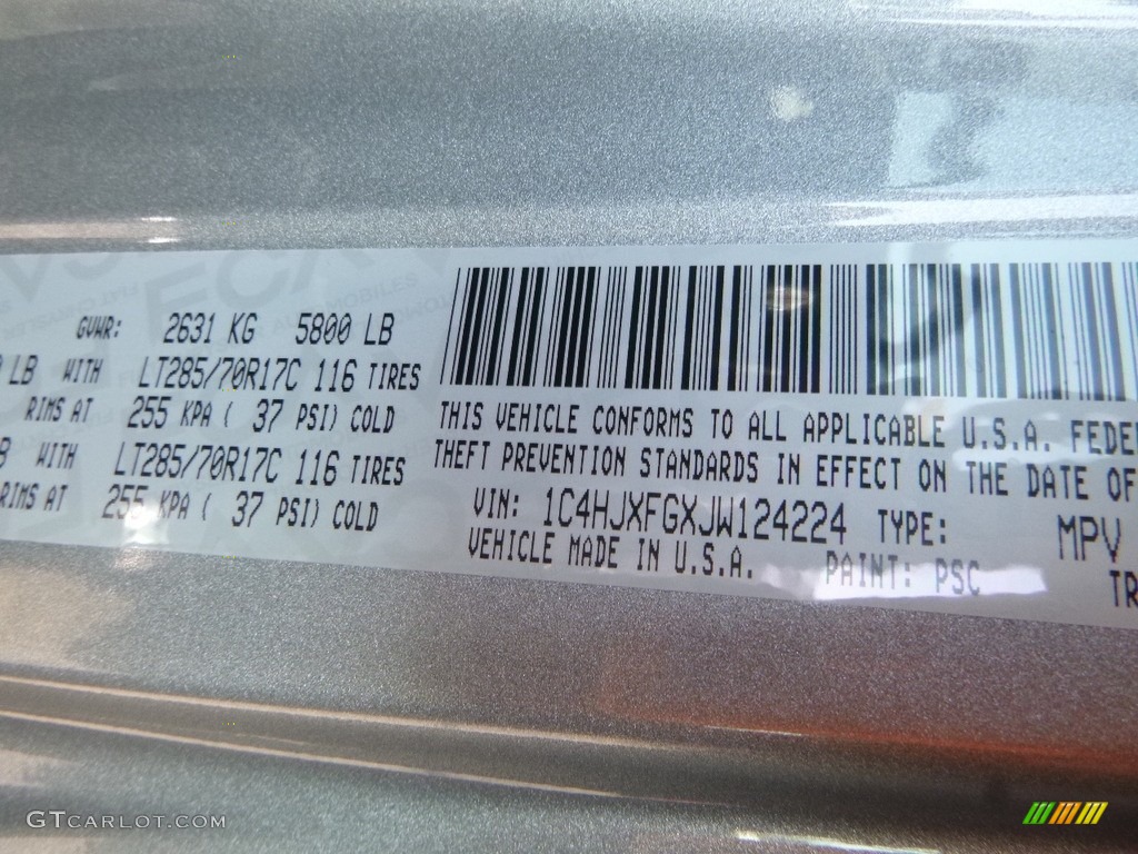 2018 Wrangler Unlimited Color Code PSC for Billet Silver Metallic Photo #126245070
