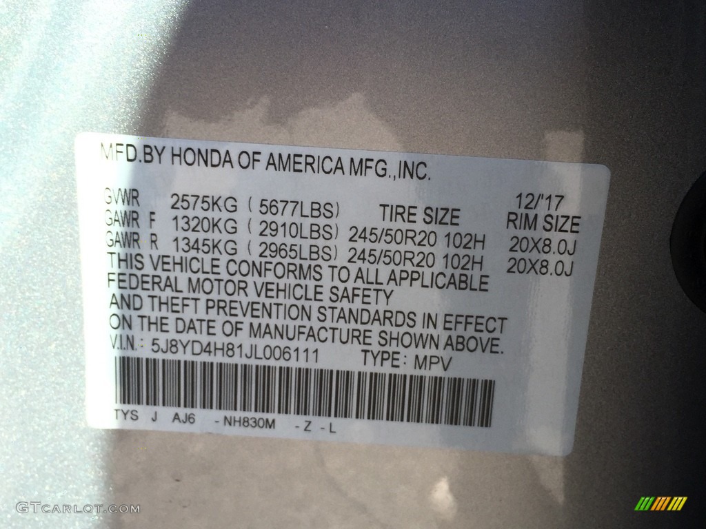 2018 MDX Color Code NH830M for Lunar Silver Metallic Photo #126256327