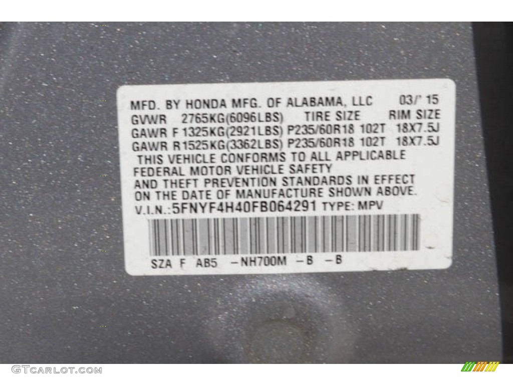 2015 Pilot EX 4WD - Alabaster Silver Metallic / Gray photo #36