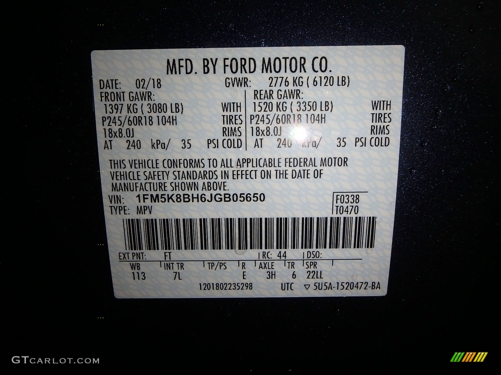 2018 Ford Explorer 4WD Color Code Photos
