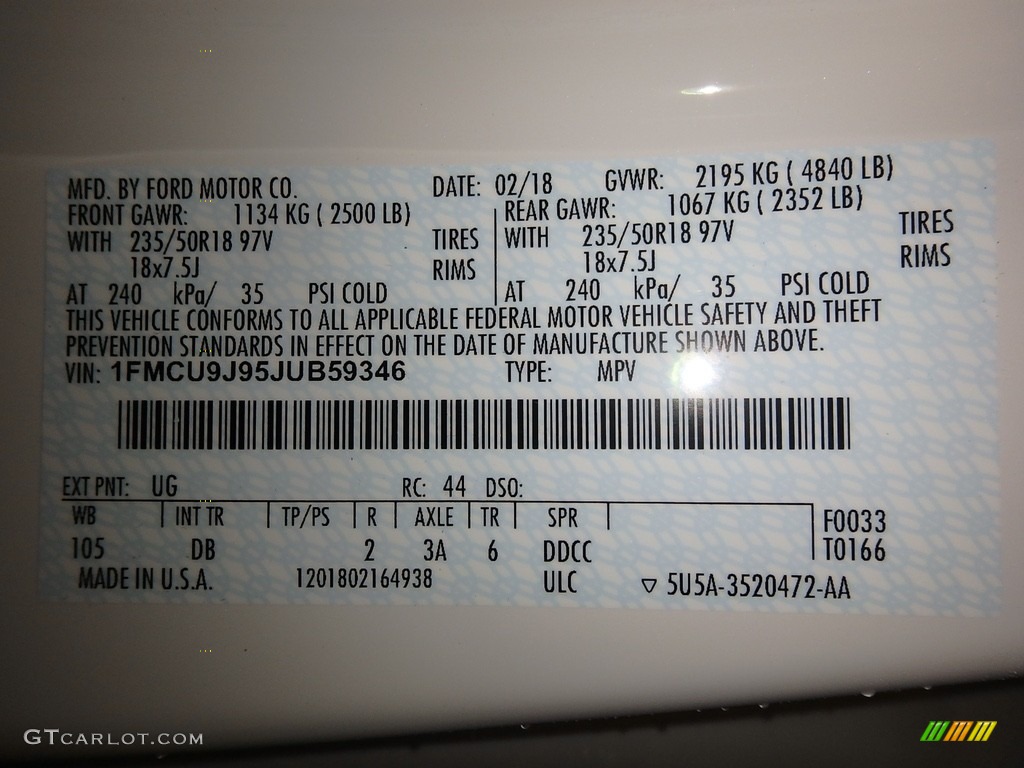 2018 Escape Titanium 4WD - White Platinum / Charcoal Black photo #10