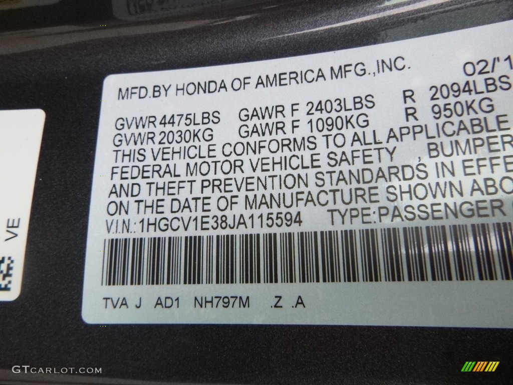2018 Accord Color Code NH797M for Modern Steel Metallic Photo #126309951