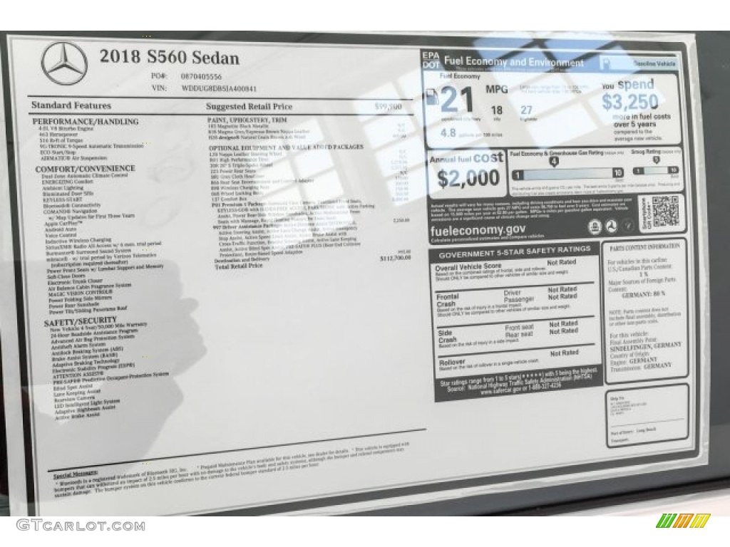 2018 Mercedes-Benz S 560 Sedan Window Sticker Photo #126332759