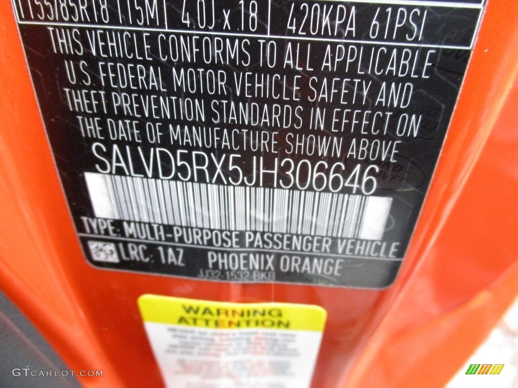 2018 Range Rover Evoque Color Code 1AZ for Phoenix Orange Photo #126415375