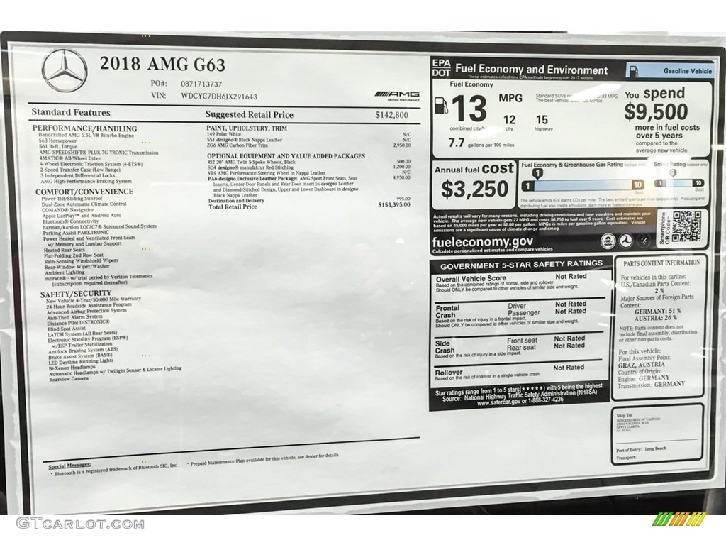 2018 Mercedes-Benz G 63 AMG Window Sticker Photo #126439795