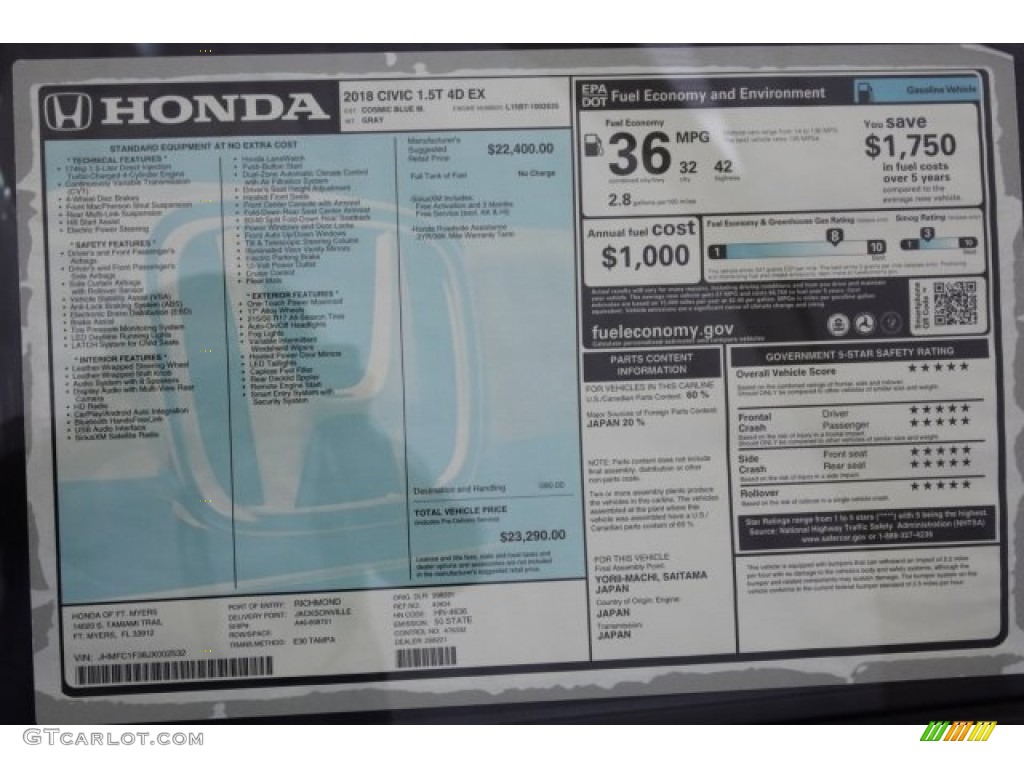 2018 Civic EX-T Sedan - Cosmic Blue Metallic / Gray photo #35