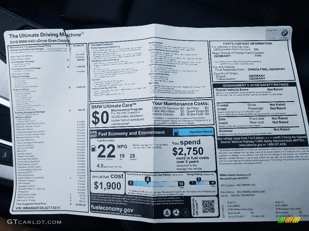 2018 6 Series 640i xDrive Gran Coupe - Black Sapphire Metallic / Black photo #13
