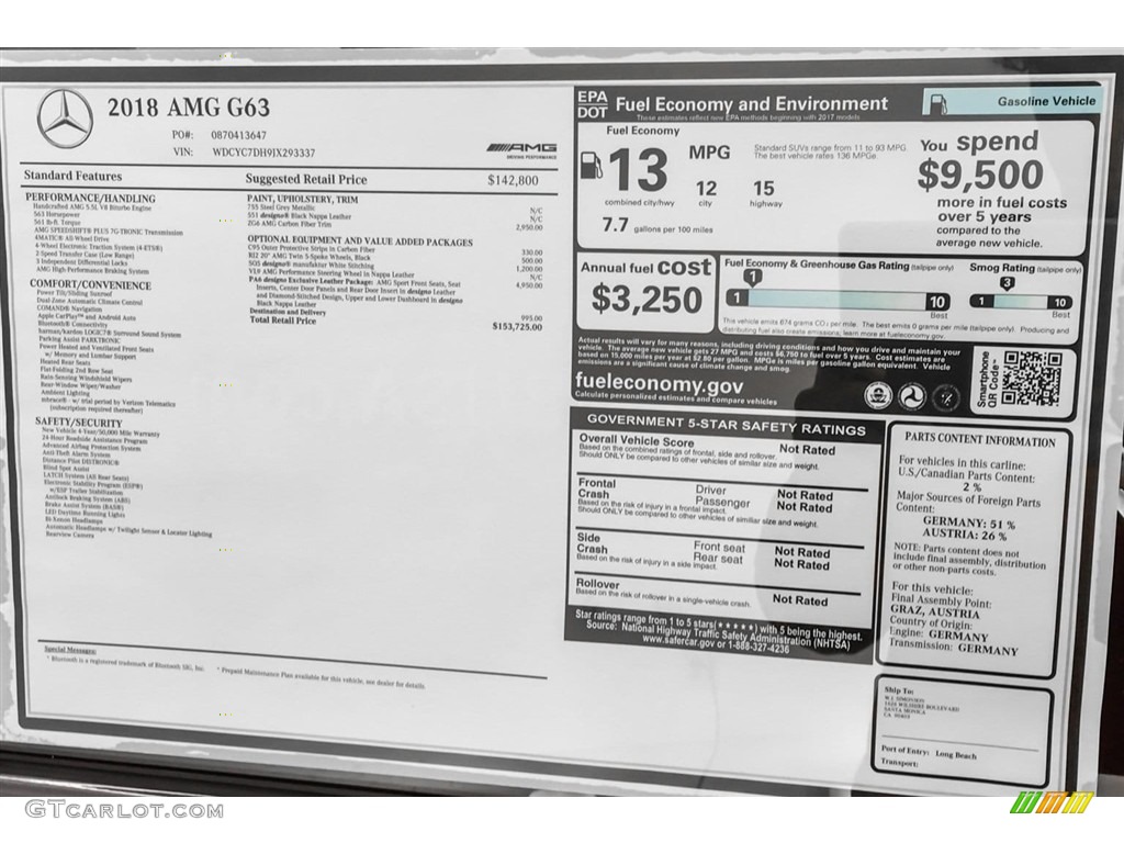 2018 Mercedes-Benz G 63 AMG Window Sticker Photo #126502976
