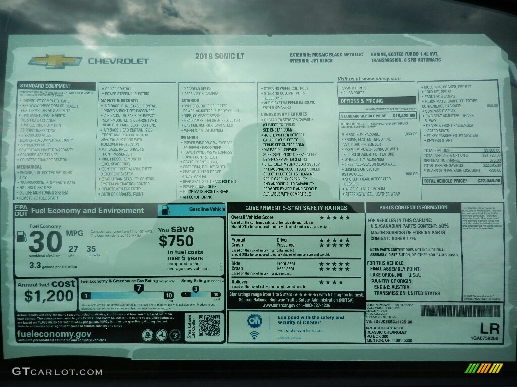 2018 Chevrolet Sonic LT Sedan Window Sticker Photos