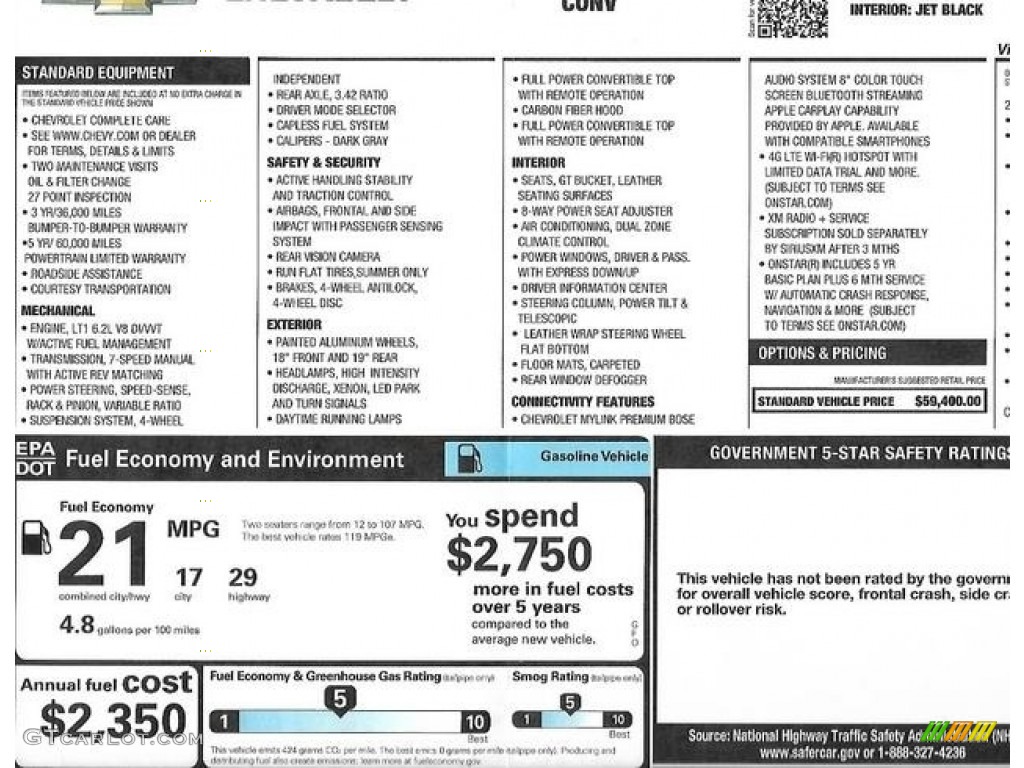 2016 Chevrolet Corvette Stingray Convertible Window Sticker Photo #126560681