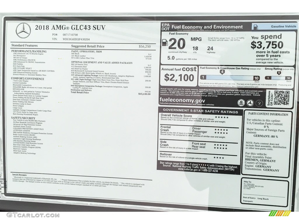 2018 Mercedes-Benz GLC AMG 43 4Matic Window Sticker Photo #126581060