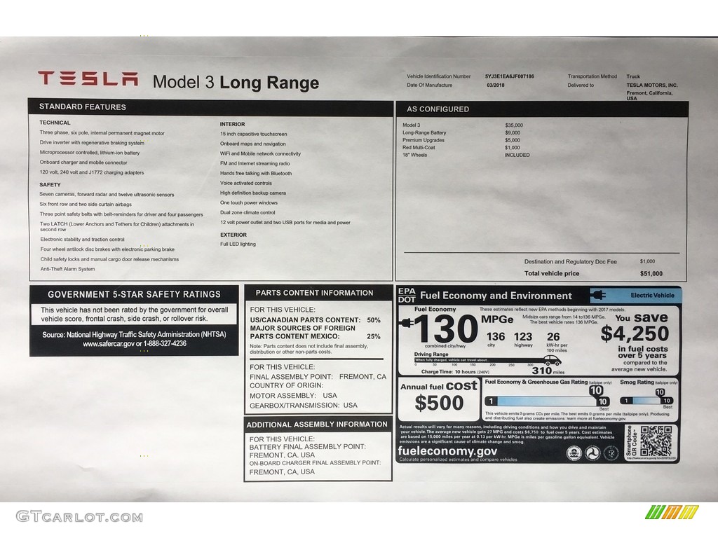 2018 Tesla Model 3 Long Range Window Sticker Photo #126599354