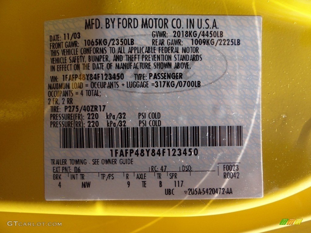 2004 Mustang Color Code D6 for Screaming Yellow Photo #126603467
