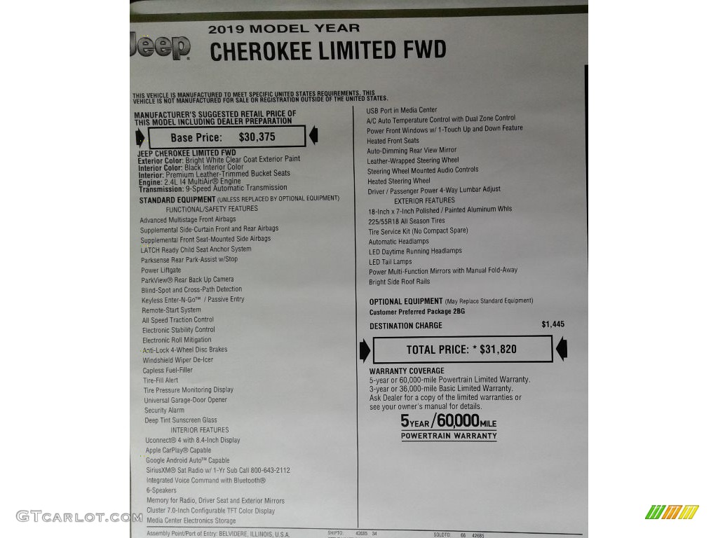 2019 Jeep Cherokee Limited Window Sticker Photo #126617481