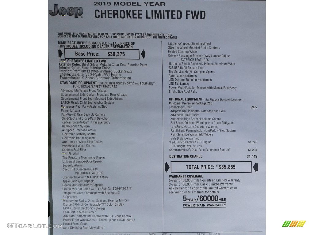 2019 Jeep Cherokee Limited Window Sticker Photo #126620406