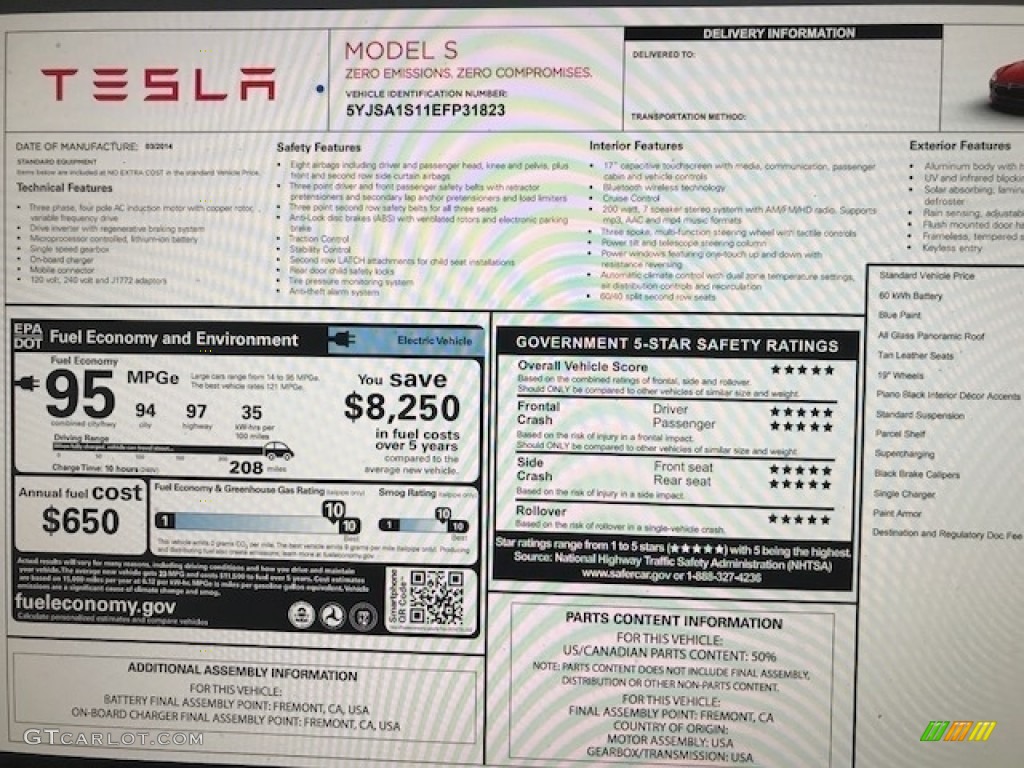 2014 Tesla Model S Standard Model S Model Window Sticker Photo #126624348