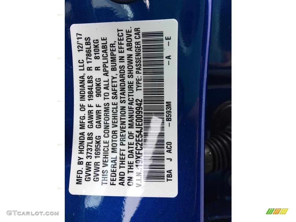 2018 Civic Color Code B593M for Aegean Blue Metallic Photo #126624393
