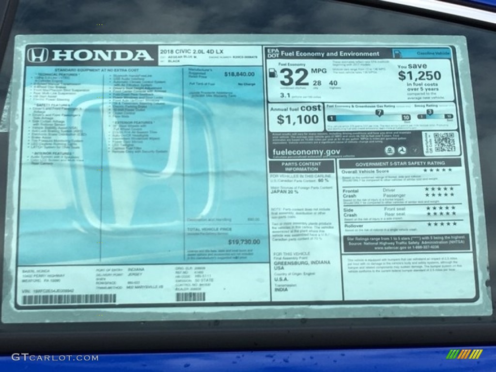 2018 Honda Civic LX Sedan Window Sticker Photo #126624423