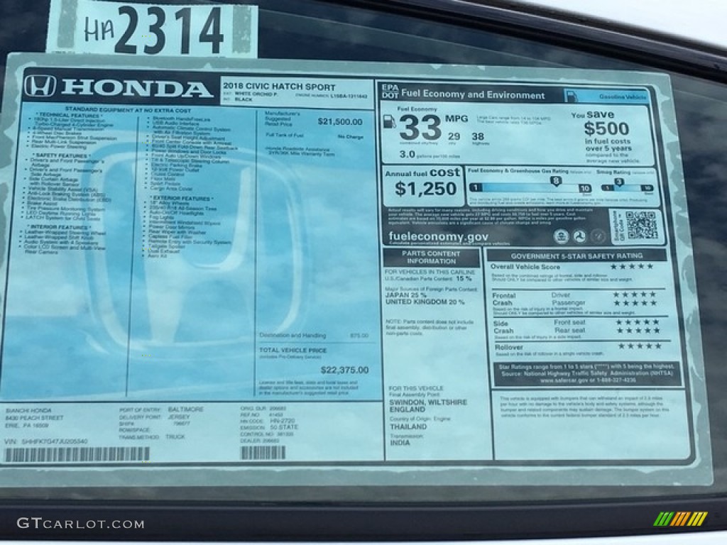2018 Honda Civic Sport Hatchback Window Sticker Photo #126624927