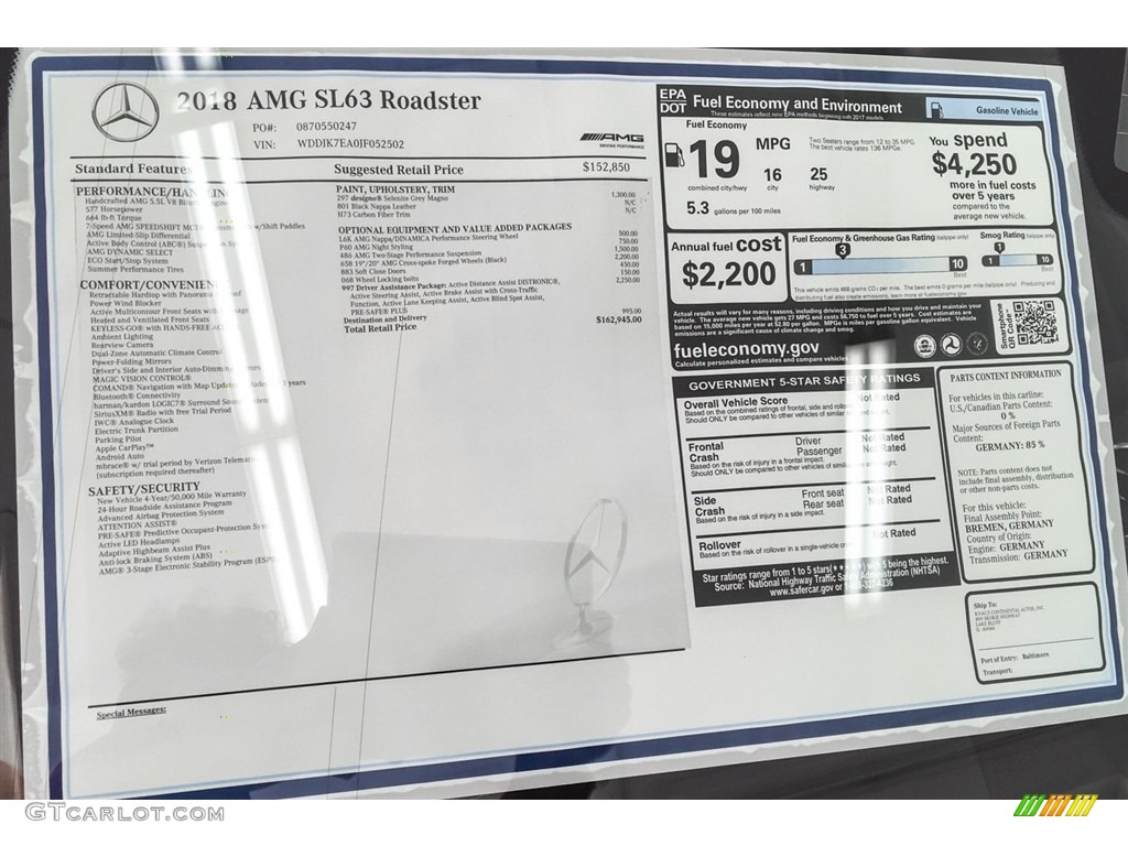 2018 Mercedes-Benz SL 63 AMG Roadster Window Sticker Photos