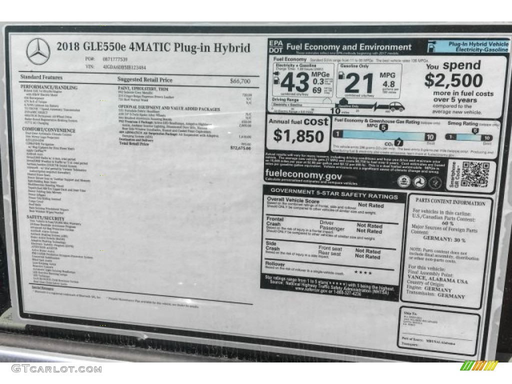 2018 Mercedes-Benz GLE 550e 4Matic Plug-In Hybrid Window Sticker Photo #126627258
