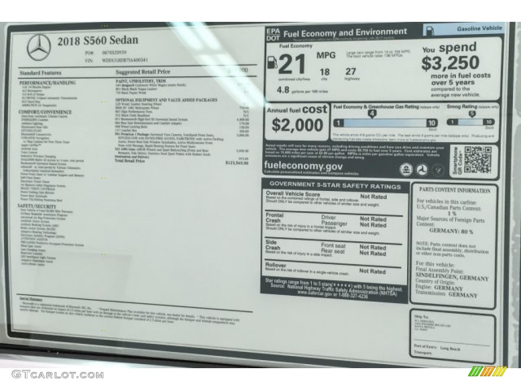 2018 Mercedes-Benz S 560 Sedan Window Sticker Photo #126628743