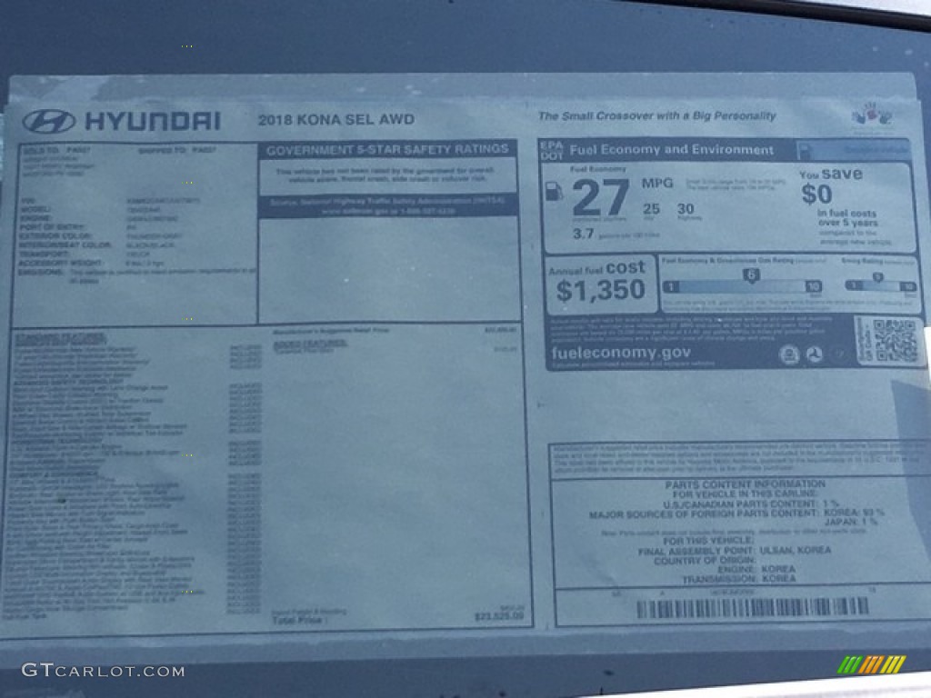 2018 Hyundai Kona SEL AWD Window Sticker Photos