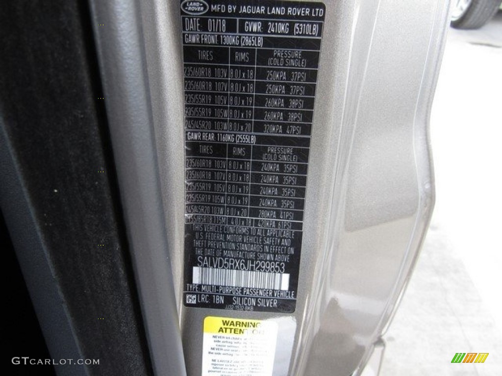 2018 Range Rover Evoque Color Code 1BN for Silicon Silver Photo #126647478