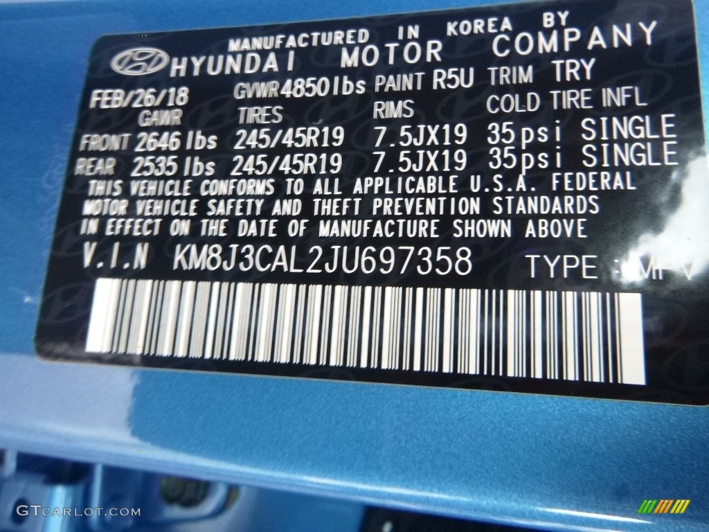 2018 Tucson Color Code R5U for Caribbean Blue Photo #126655523