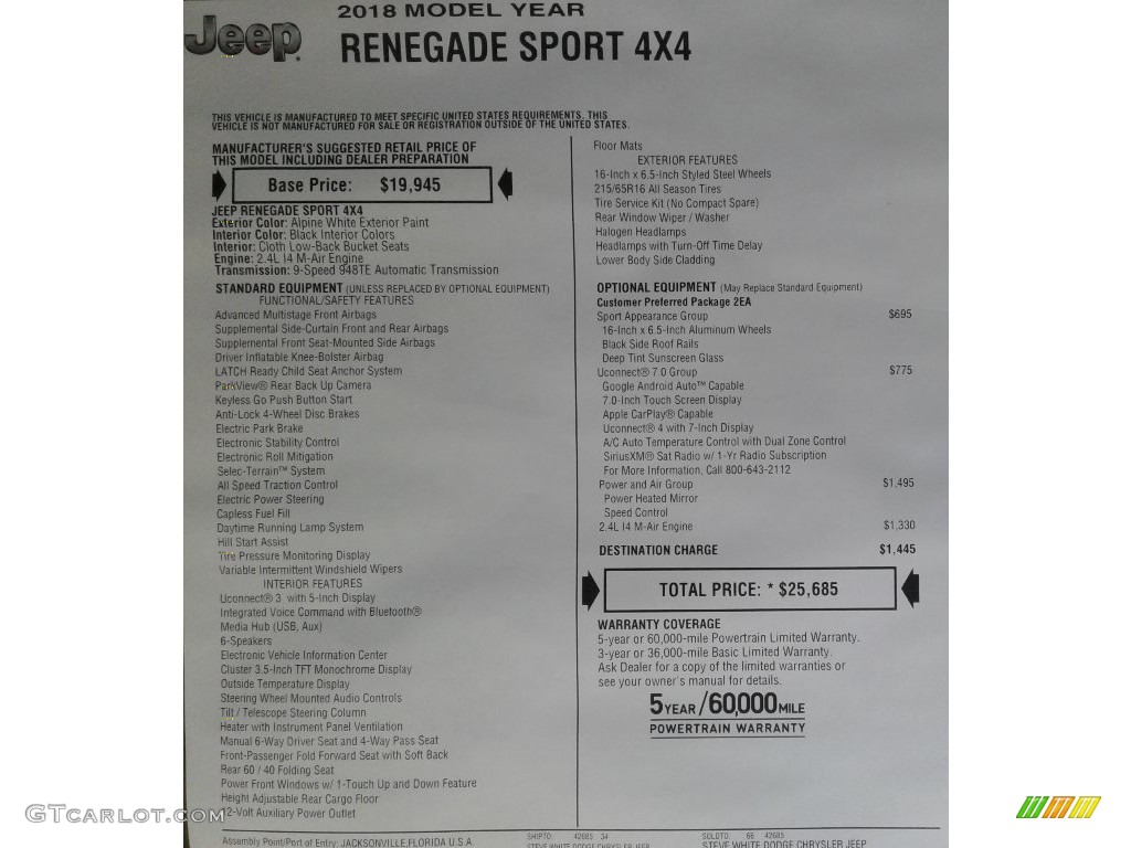 2018 Renegade Sport 4x4 - Alpine White / Black photo #30