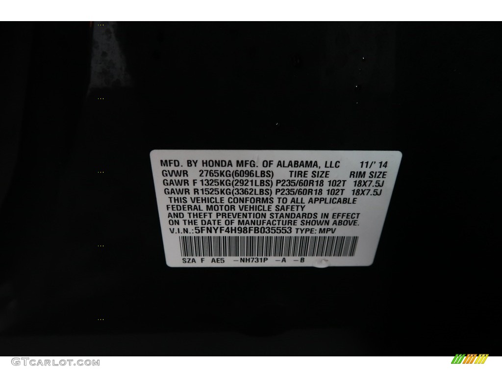 2015 Pilot Touring 4WD - Crystal Black Pearl / Black photo #40