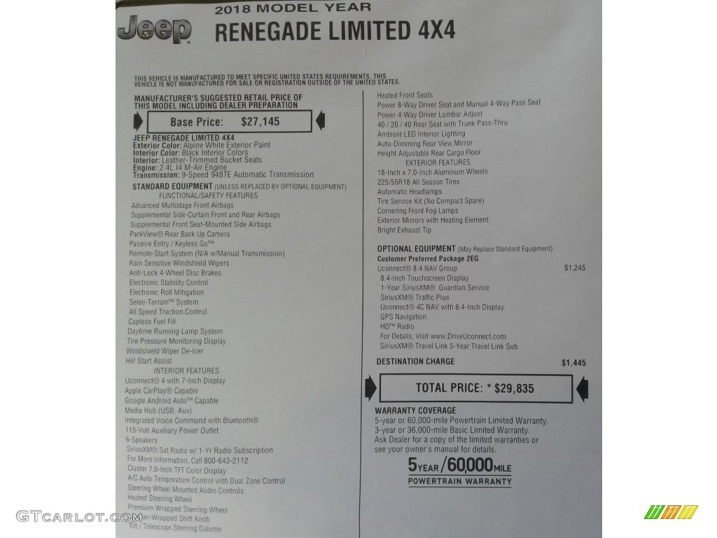 2018 Renegade Limited 4x4 - Alpine White / Black photo #33