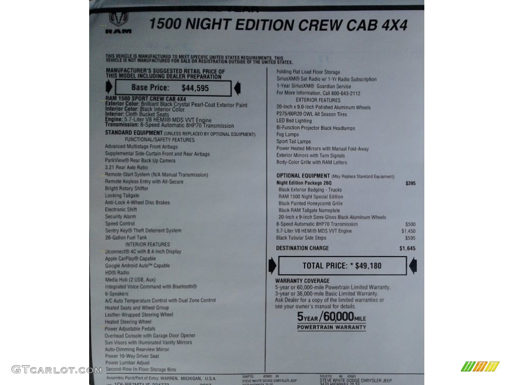 2018 1500 Night Crew Cab 4x4 - Brilliant Black Crystal Pearl / Black photo #36