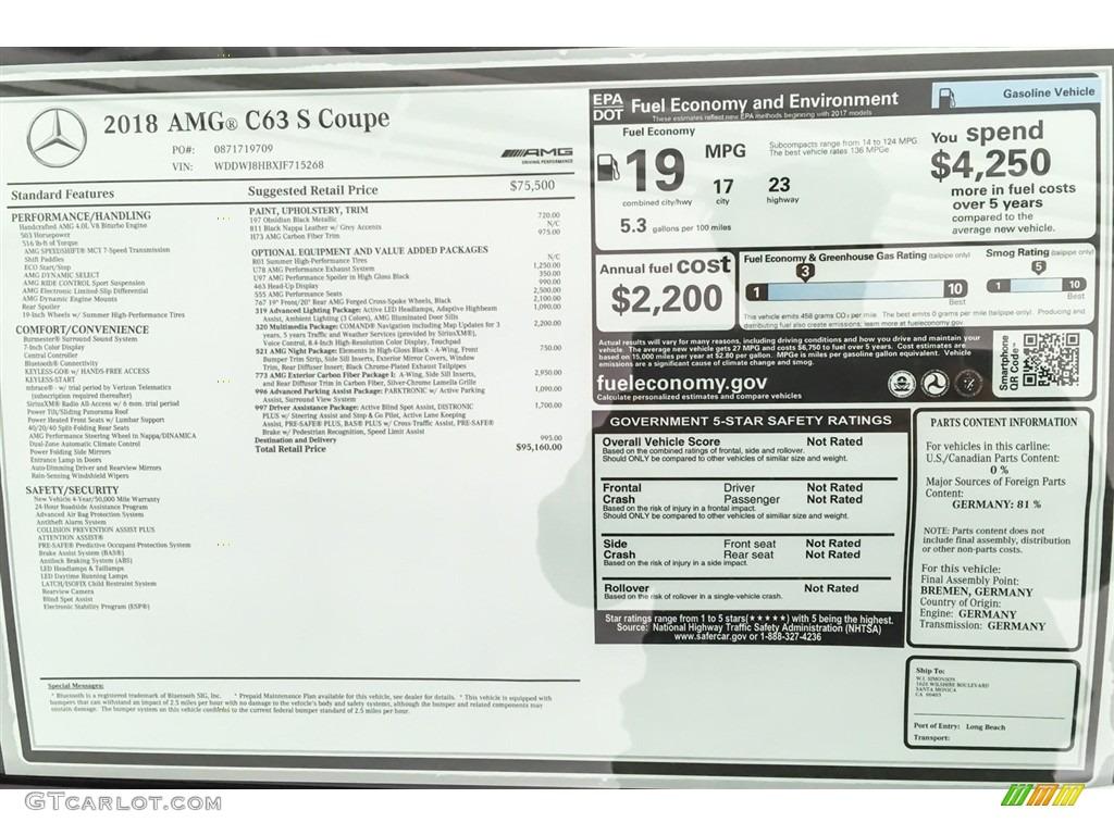 2018 Mercedes-Benz C 63 S AMG Coupe Window Sticker Photo #126707568