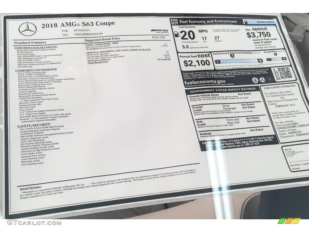 2018 Mercedes-Benz S AMG S63 Coupe Window Sticker Photo #126712133