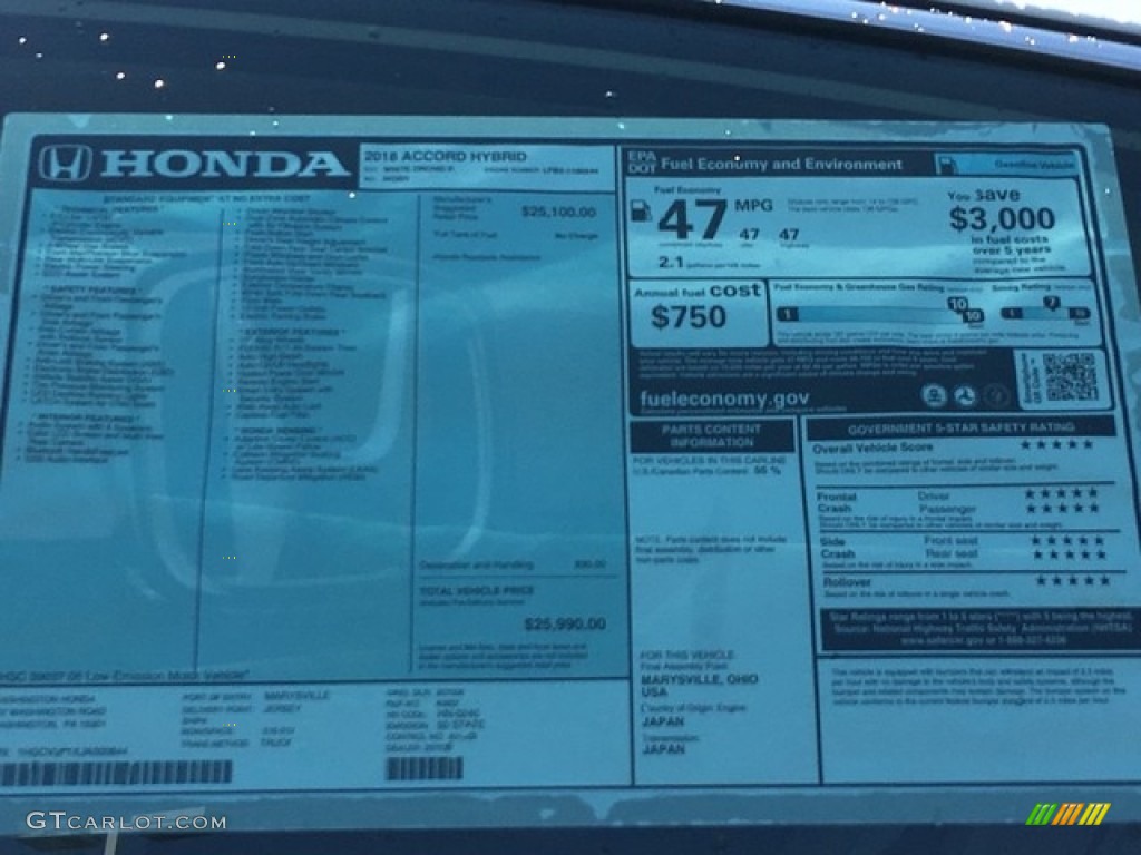 2018 Honda Accord Hybrid Sedan Window Sticker Photo #126713429