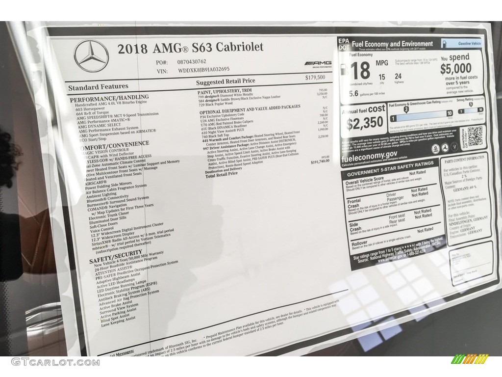 2018 Mercedes-Benz S AMG S63 Cabriolet Window Sticker Photo #126724608