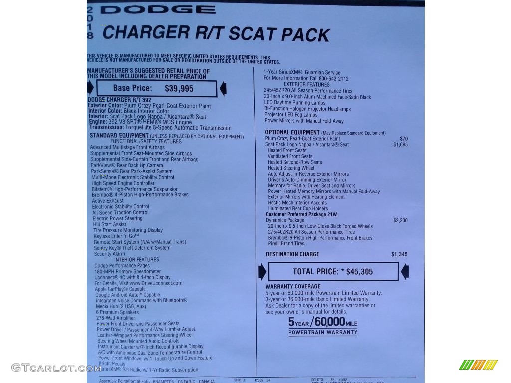 2018 Dodge Charger R/T Scat Pack Window Sticker Photos