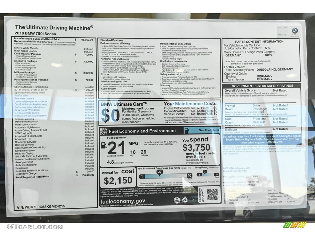 2019 BMW 7 Series 750i Sedan Window Sticker Photo #126795746
