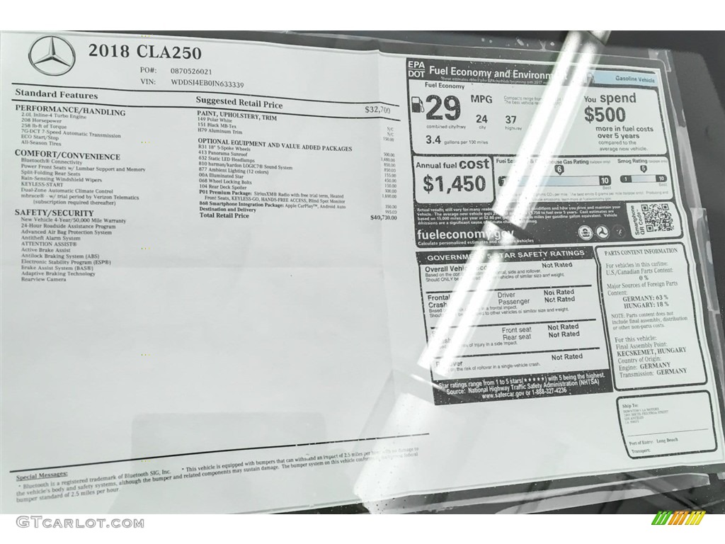 2018 Mercedes-Benz CLA 250 Coupe Window Sticker Photo #126821561