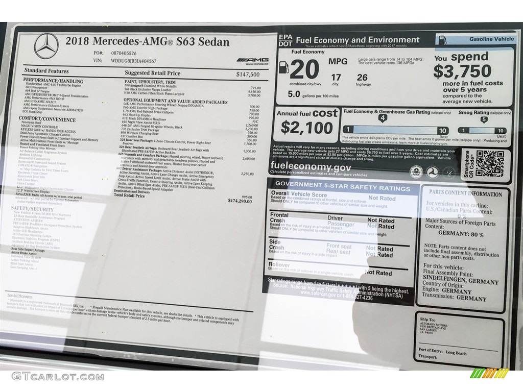 2018 Mercedes-Benz S AMG 63 4Matic Sedan Window Sticker Photo #126840704