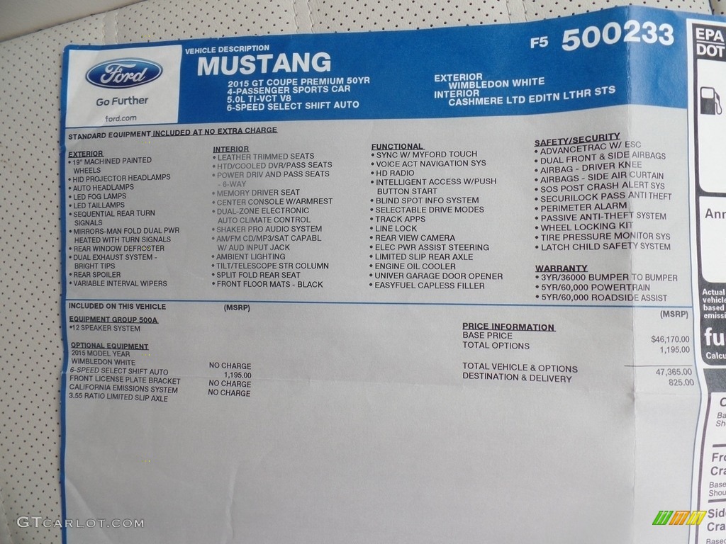 2015 Mustang 50th Anniversary GT Coupe - 50th Anniversary Wimbledon White / 50th Anniversary Cashmere photo #52