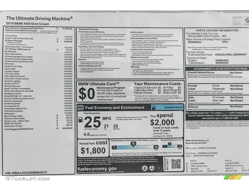 2019 BMW 4 Series 440i Gran Coupe Window Sticker Photo #126889161