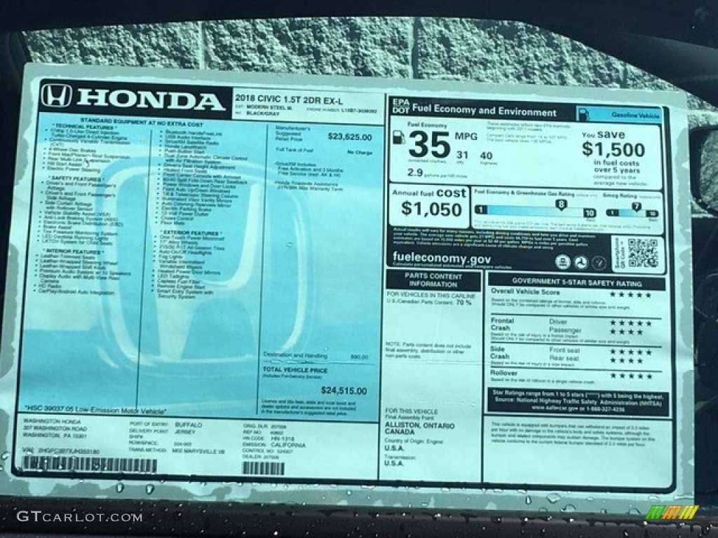 2018 Honda Civic EX-L Coupe Window Sticker Photo #126904407