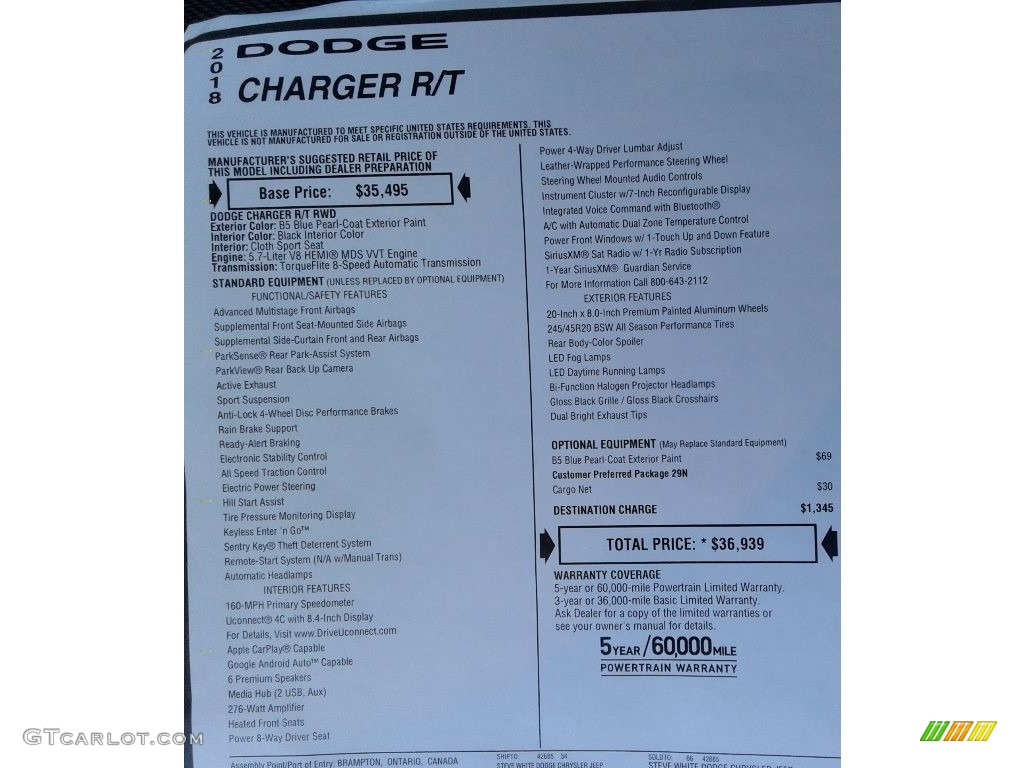 2018 Dodge Charger R/T Window Sticker Photo #126952820