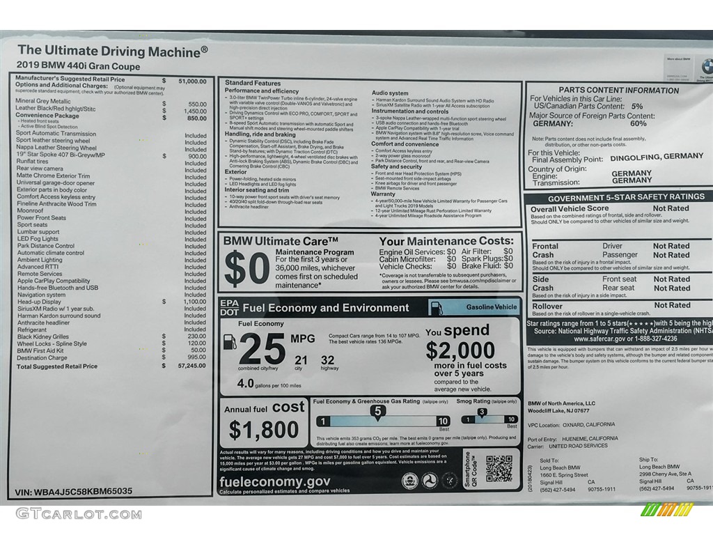 2019 BMW 4 Series 440i Gran Coupe Window Sticker Photo #126956855